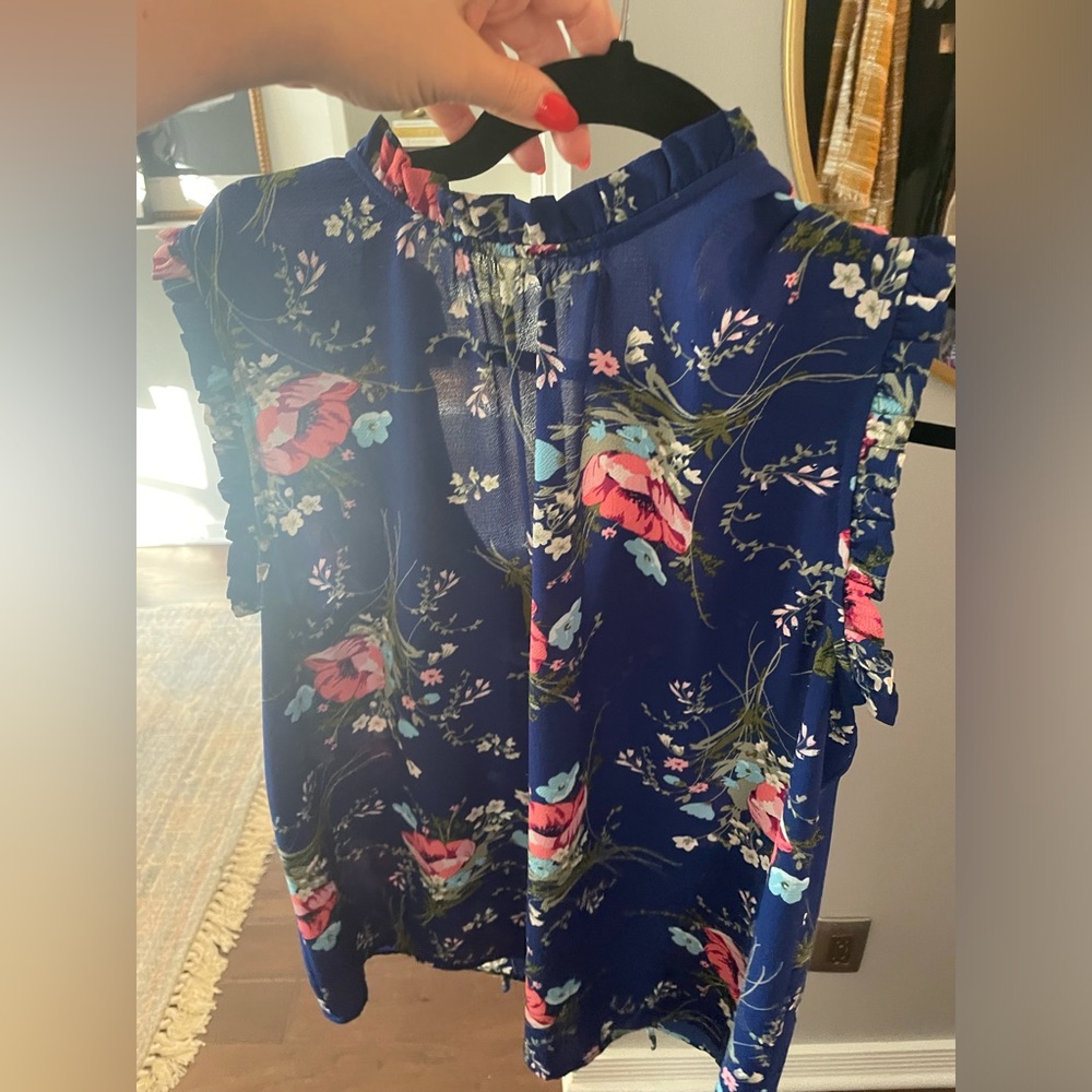 Wayf blue floral high neck tank top with tie in the back